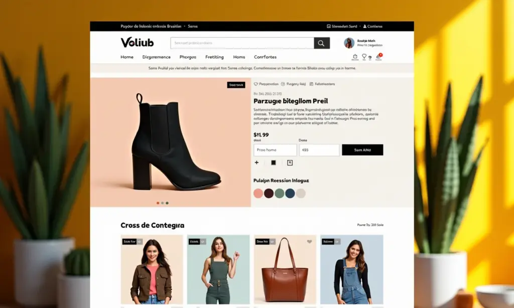 Como Fazer Venda Cruzada na Página de Produto e Aumentar o Pedido Página de produto vibrante de loja online brasileira mostrando sugestões de venda cruzada.