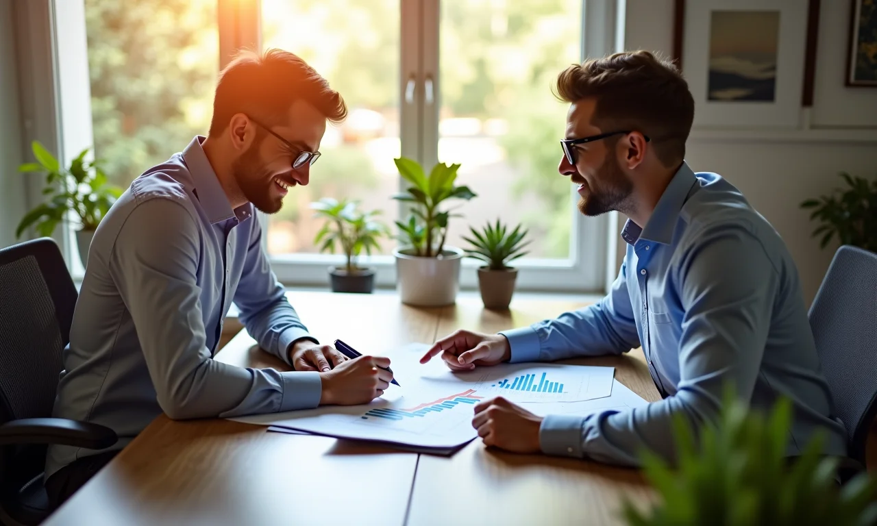 Parceiros analisando relatório financeiro com redução de custos.