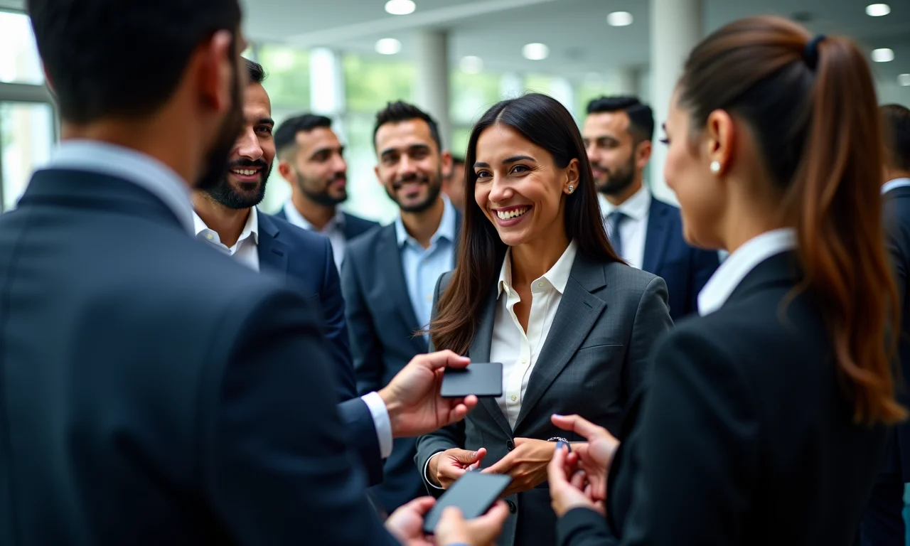 Parceiros de negócios brasileiros em networking em uma conferência internacional.