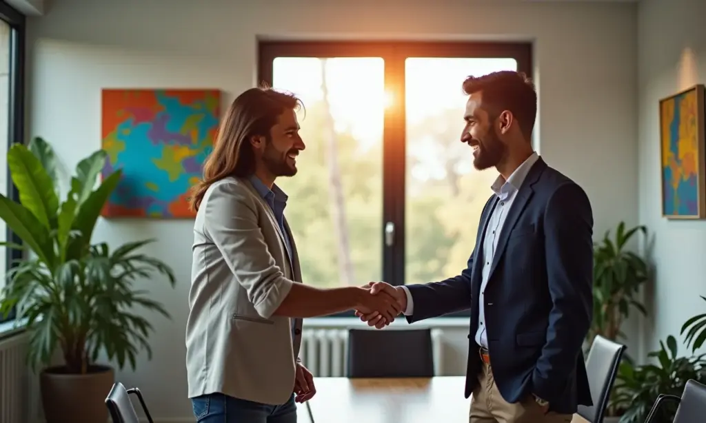 Quando Fazer Parcerias Estratégicas Para Expandir Seu Negócio Parceria estratégica entre dois empresários em escritório moderno no Brasil.