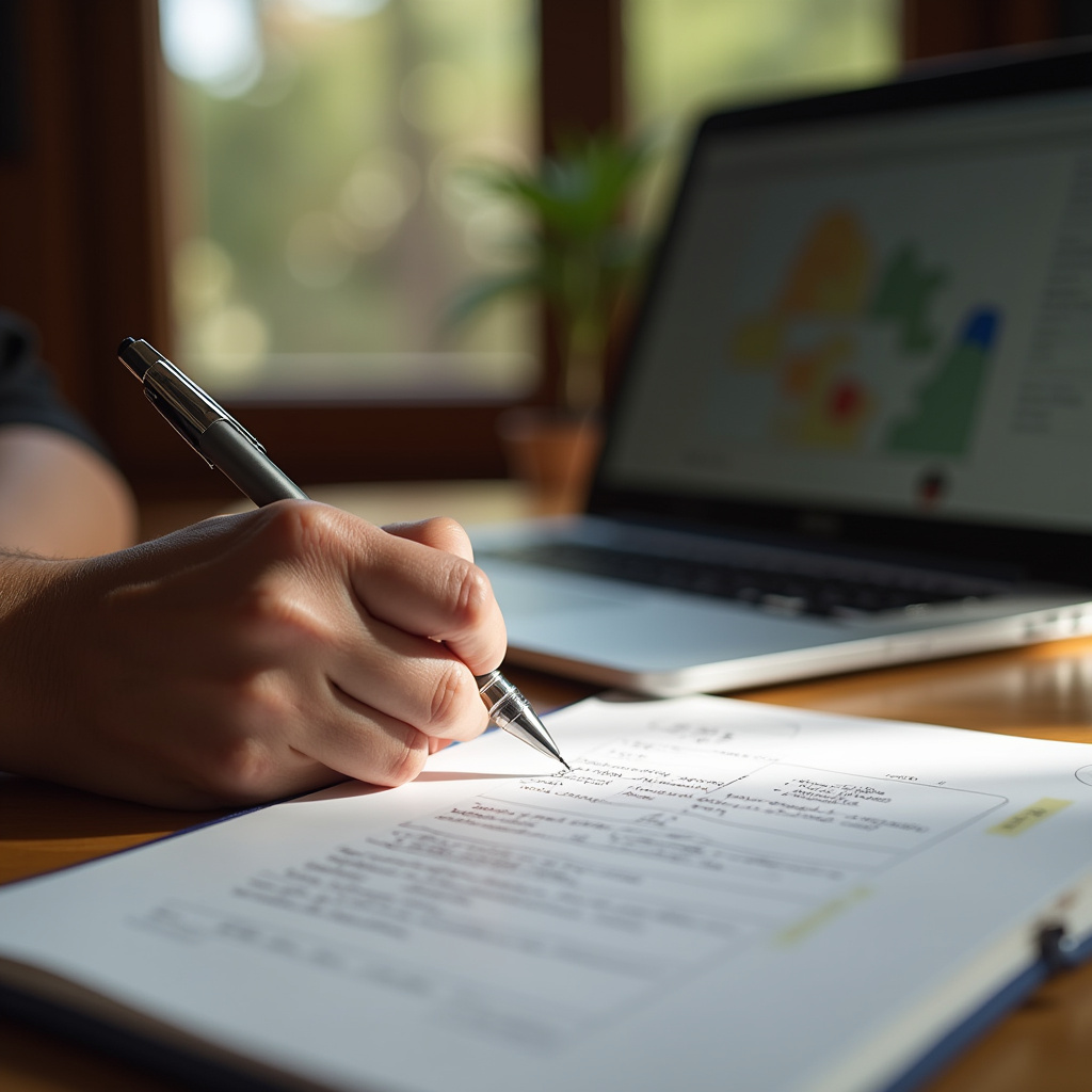 Person writing business plan for 'espetinho' business, laptop, notebook, pen, cozy Brazilian Planejamento de negócio de espetinhos.