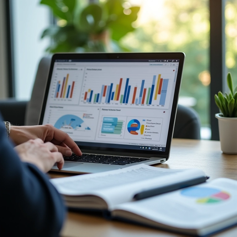 Pessoa analisando gráficos no laptop com diário de decisões ao lado.