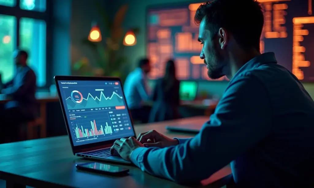 Monitore Todas as Menções à Sua Marca Online e Reaja Com IA Pessoa analisando painel de monitoramento de marca com IA em laptop.