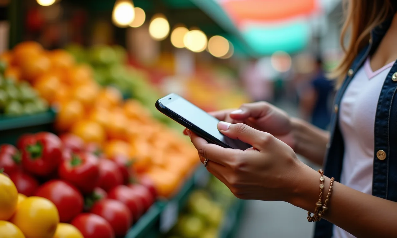 Pessoa comprando online pelo smartphone em mercado.