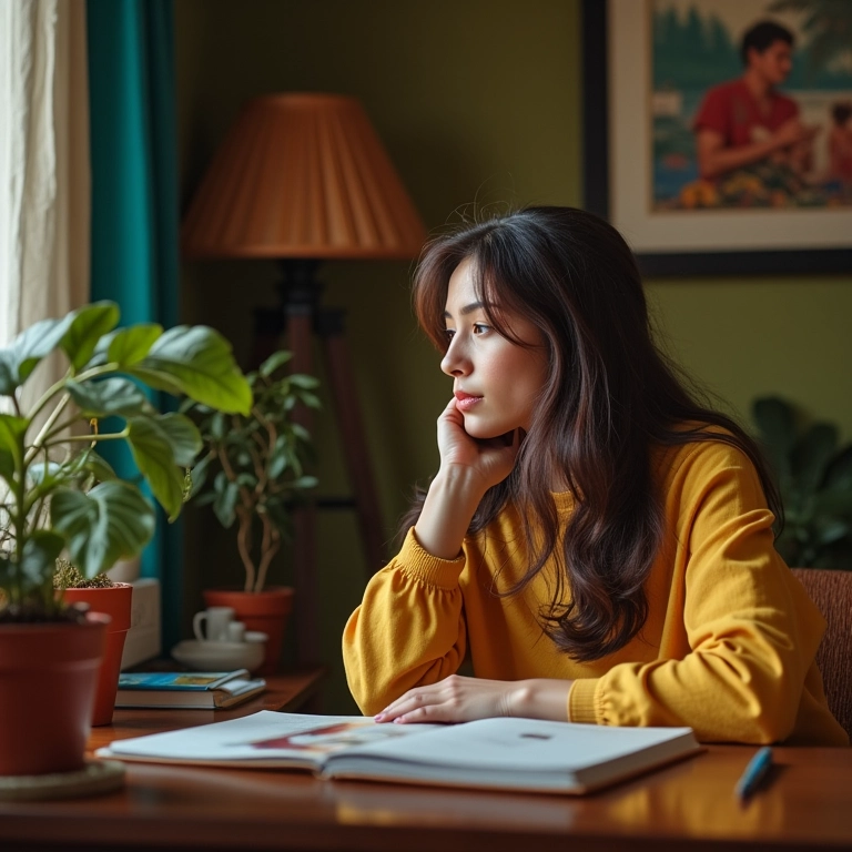 Pessoa escrevendo em diário em apartamento brasileiro, autoconsciência.