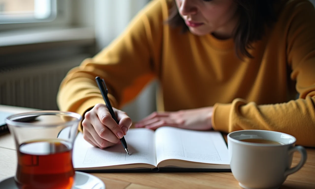 Pessoa escrevendo em um diário, simbolizando o estabelecimento de limites saudáveis.