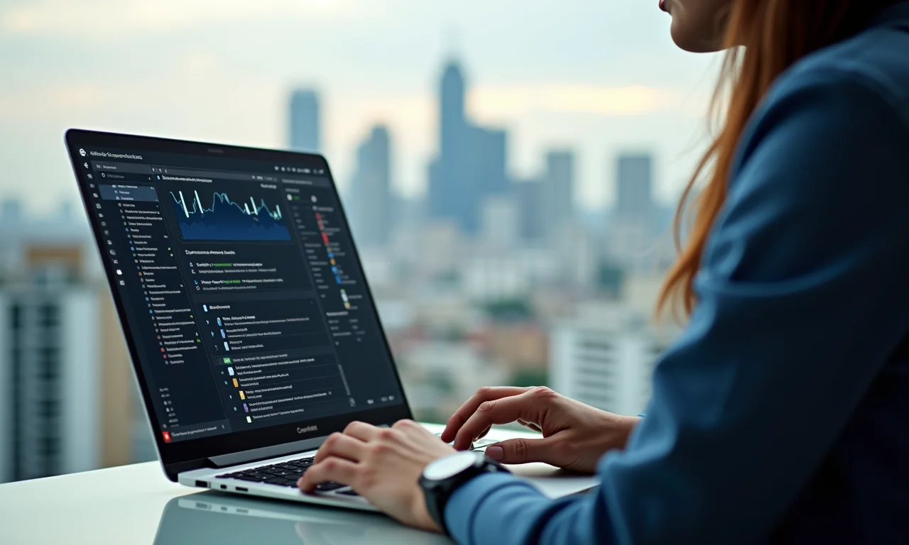 Pessoa monitorando reputação online com skyline de SP ao fundo.