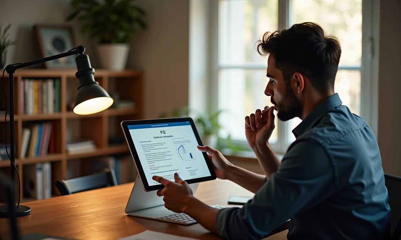 Pessoa olhando para tablet com FAQ sobre análise de sentimento com IA.