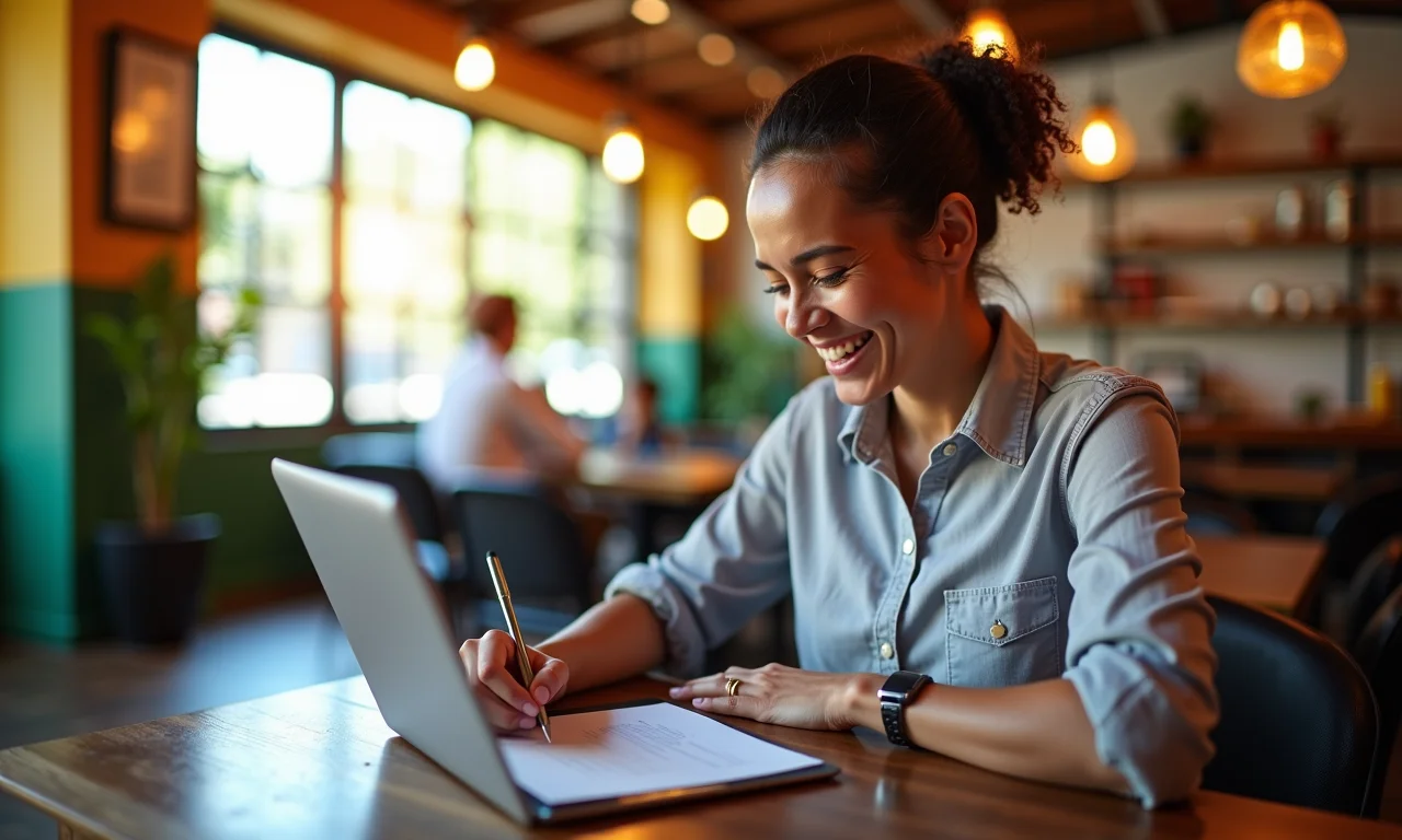 Pessoa preenchendo formulário em tablet em café colorido.