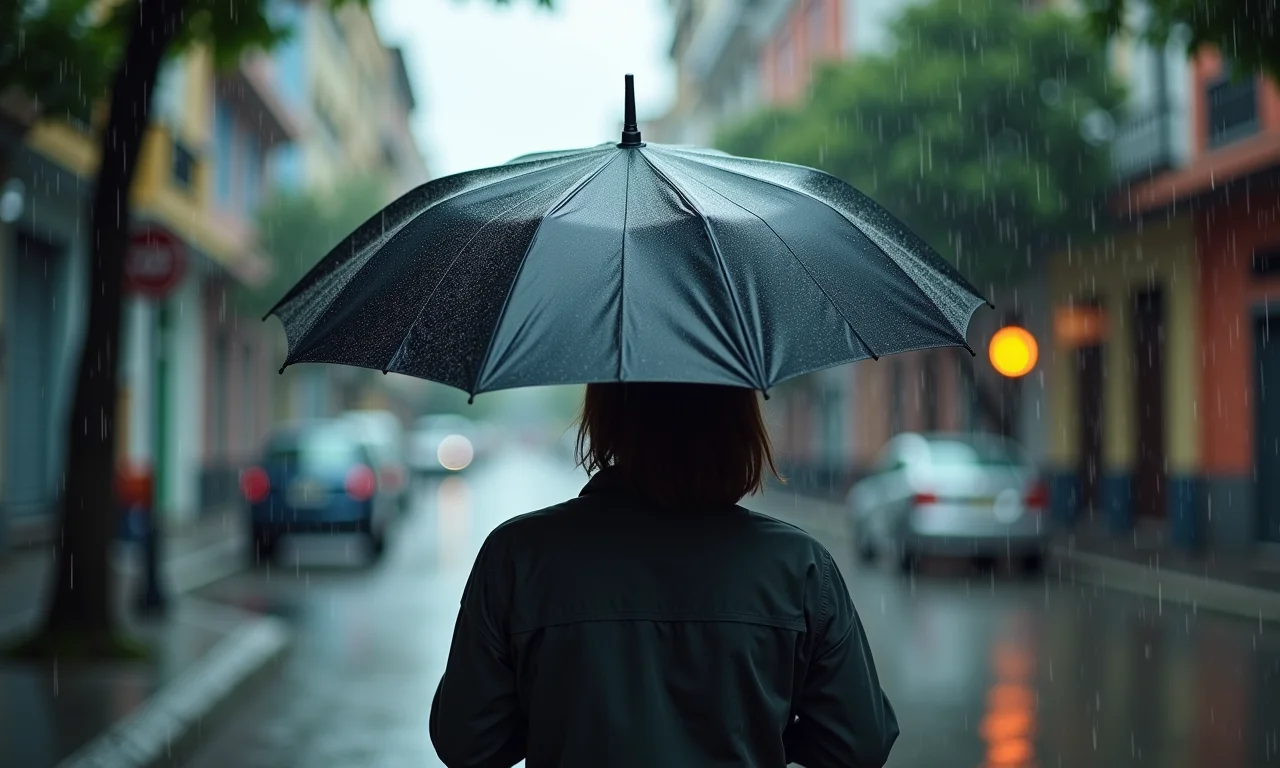 Pessoa reage a uma tempestade repentina com um guarda-chuva, ilustrando resiliência reativa.