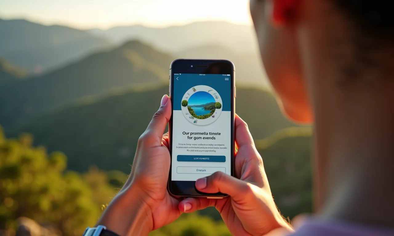 Pessoa vendo email responsivo em celular com paisagem brasileira ao fundo.