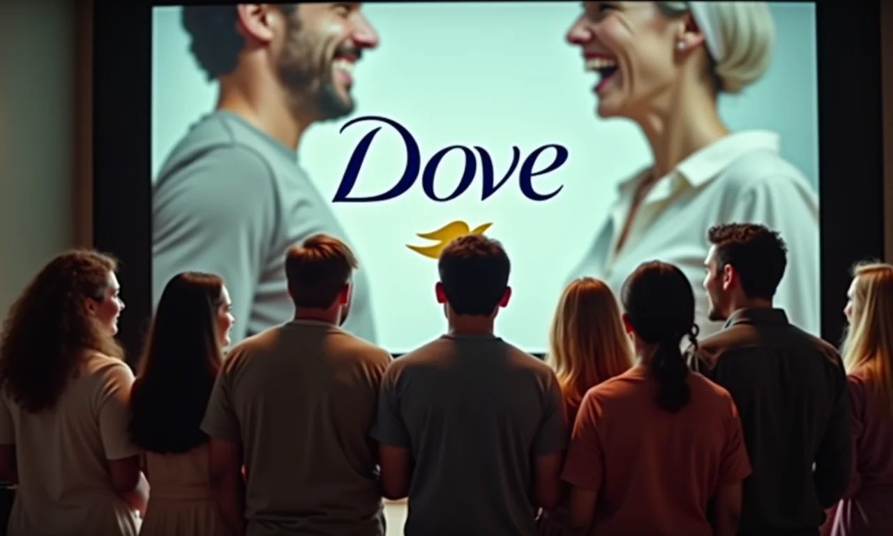 Pessoas assistindo anúncio da Dove com reações positivas.