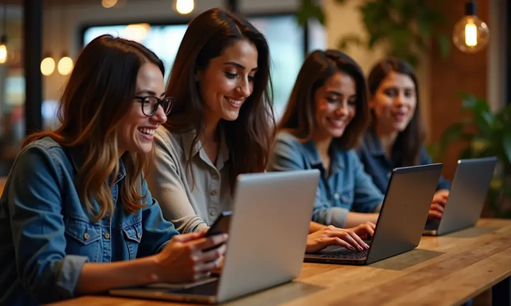 TrueView Ads YouTube em SP Anúncios Que o Público Quer Ver Pessoas assistindo anúncios TrueView do YouTube em um café em São Paulo.