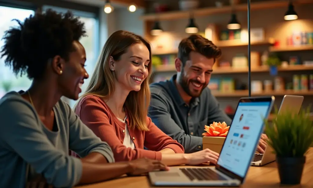 Facilite a Compra de Presentes no Seu Ecommerce Com IA Pessoas diversas comprando presentes online com auxílio de IA.