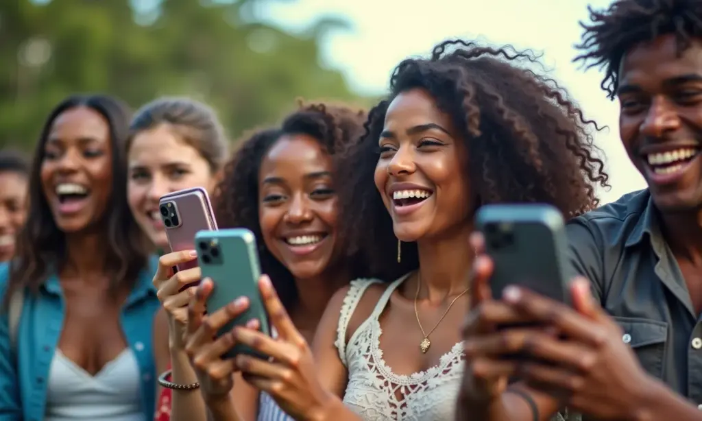 Como Incentivar Seus Clientes a Criar Vídeos no TikTok (UGC) Pessoas diversas criando vídeos curtos e criativos para TikTok em cenário vibrante brasileiro.