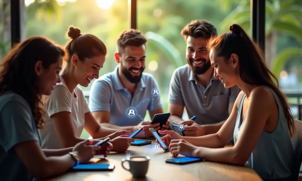 Crie Experiências de Compra Social Engajadoras Com IA Pessoas interagindo com redes sociais com IA em fundo vibrante.