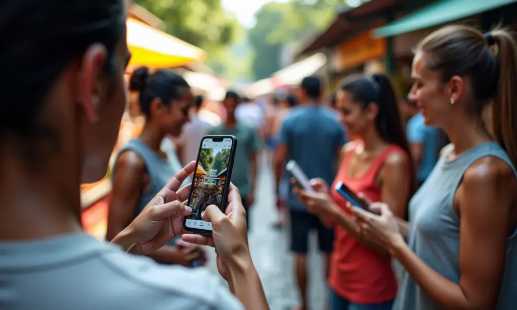 O Que É O Marketing de Proximidade Usando Localização a Seu Favor Pessoas usando smartphones em mercado brasileiro, interagindo com ofertas baseadas em localização.