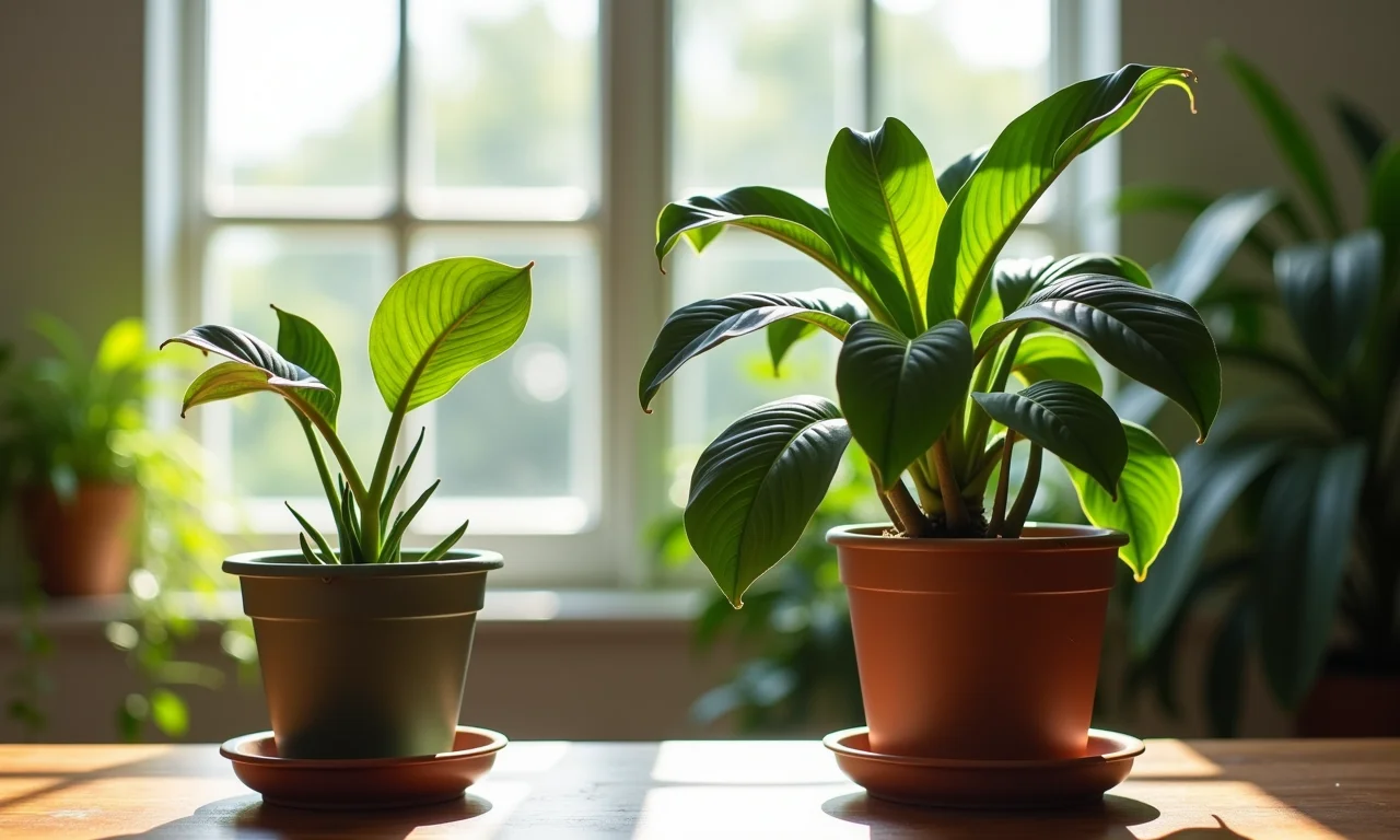Planta murcha e planta saudável representando estagnação e crescimento.