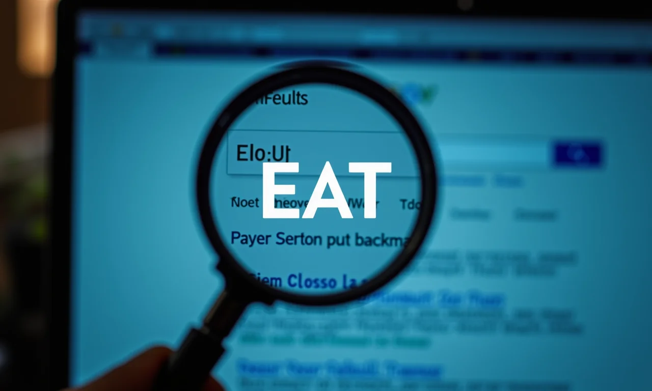 Por que EAT é crucial para SEO: lupa focando na palavra 'EAT' em uma tela de computador com resultados de busca.