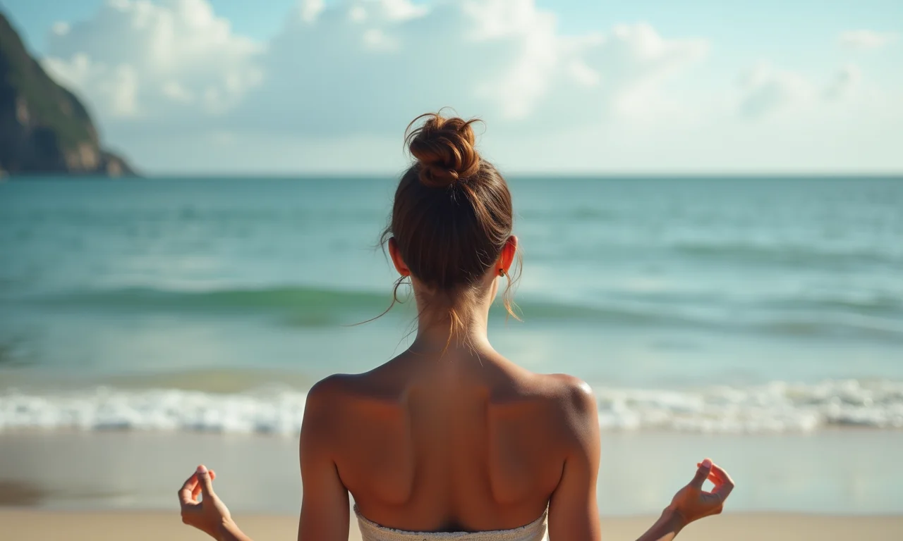 Praticando mindfulness na praia, conectando mente e corpo.