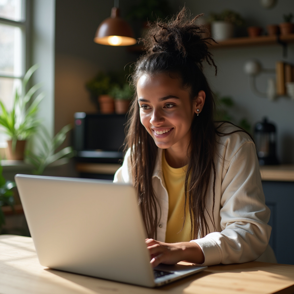 Professional photography of a diverse young adult setting up a TikTok Shop account on a laptop, Jovem configurando loja no TikTok Shop.