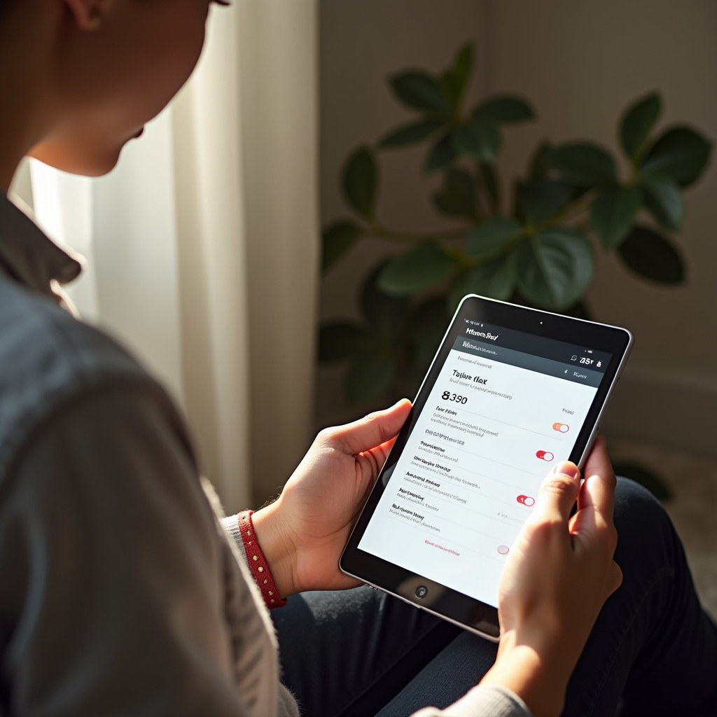 Professional photography of a diverse young adult reviewing TikTok Shop fees on a tablet, bright Taxas do TikTok Shop.