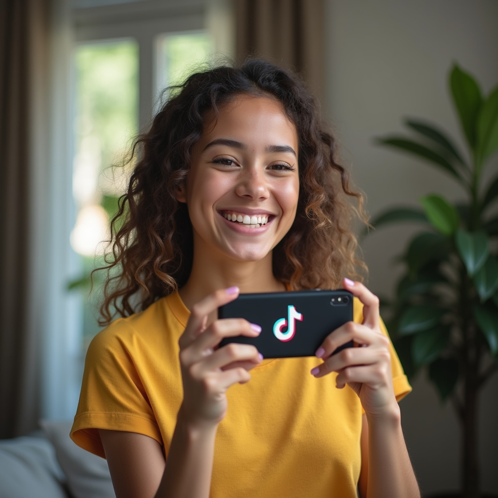 Professional photography of a young adult creating engaging TikTok videos to promote products, Vídeos para promover produtos TikTok.