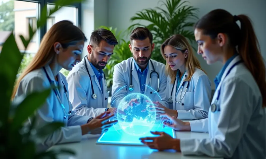 A Saúde do Futuro: A Mentalidade Para Inovar no Setor de Healthtech Profissionais de saúde diversos colaborando em análise de dados em display holográfico, representando o futuro inovador da healthtech.
