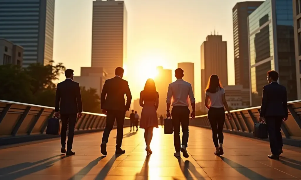 Transformação do Mercado de Trabalho em SP Adapte-se e Cresça Profissionais diversos caminhando em São Paulo ao pôr do sol, simbolizando crescimento profissional.