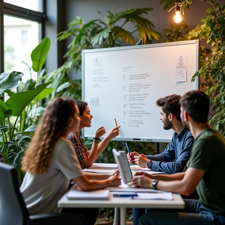 Profissionais diversos definindo objetivos de redes sociais em escritório brasileiro.