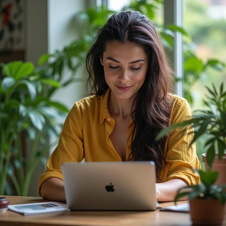 Identifique Oportunidades de Novos Produtos Para Seu Ecommerce Com IA Profissional de e-commerce analisa dados em laptop, com elementos de design brasileiro vibrante ao redor.