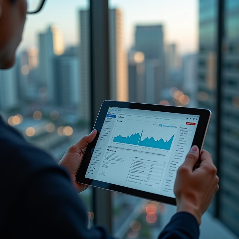 Profissional de marketing em São Paulo analisando dados do Pinterest Analytics em um tablet.