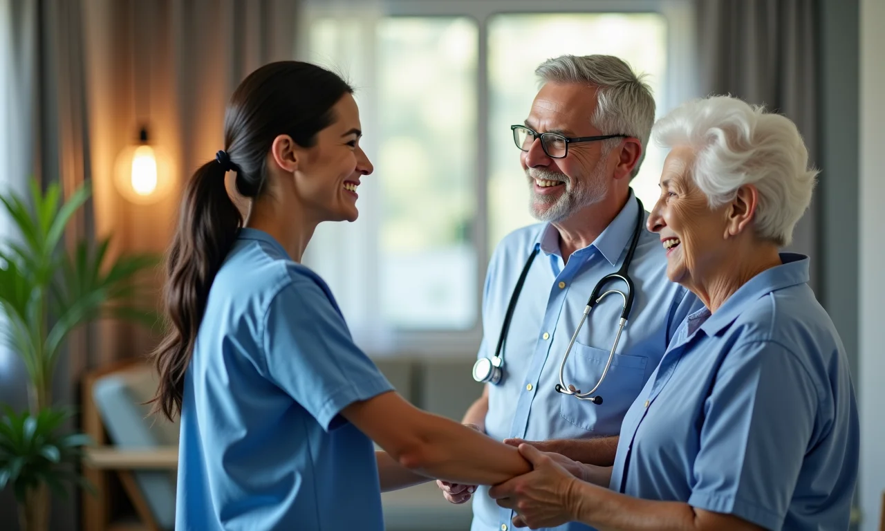 Profissional de saúde sorrindo e ajudando paciente idoso em clínica moderna em SP.