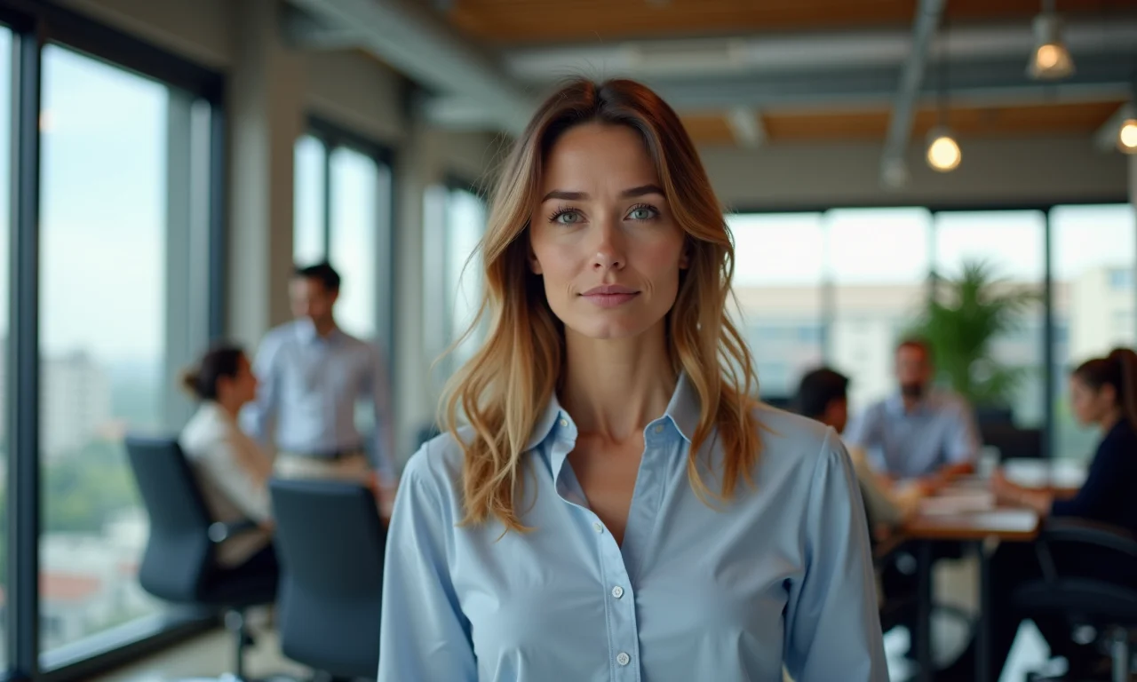 Profissional em São Paulo demonstra autocontrole em ambiente de trabalho estressante, com colegas diversos.