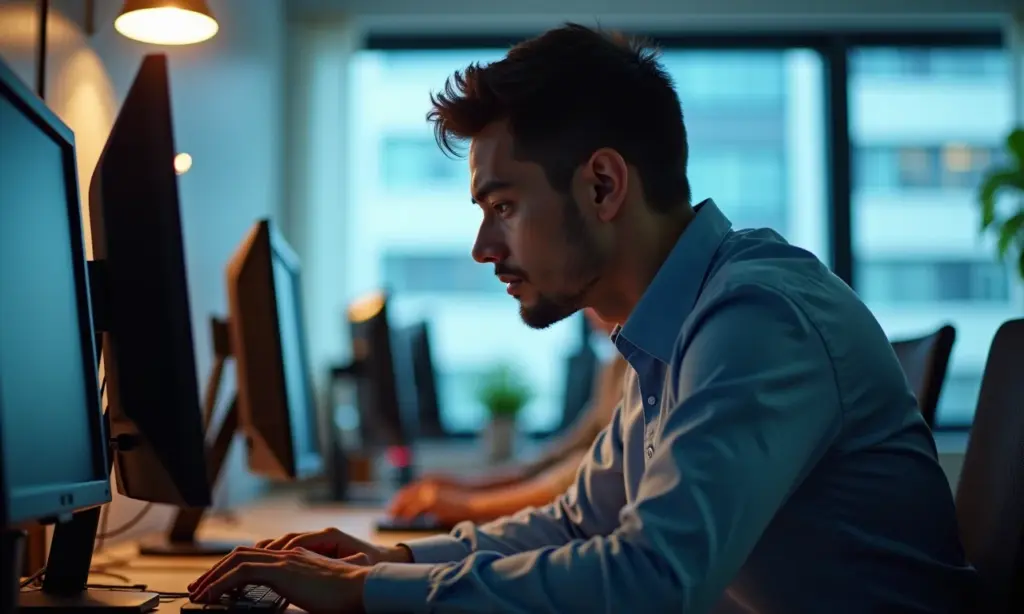 Sua empresa usa “resiliência” como desculpa para exploração? Profissional exausto olhando para a tela do computador em escritório com iluminação excessiva.