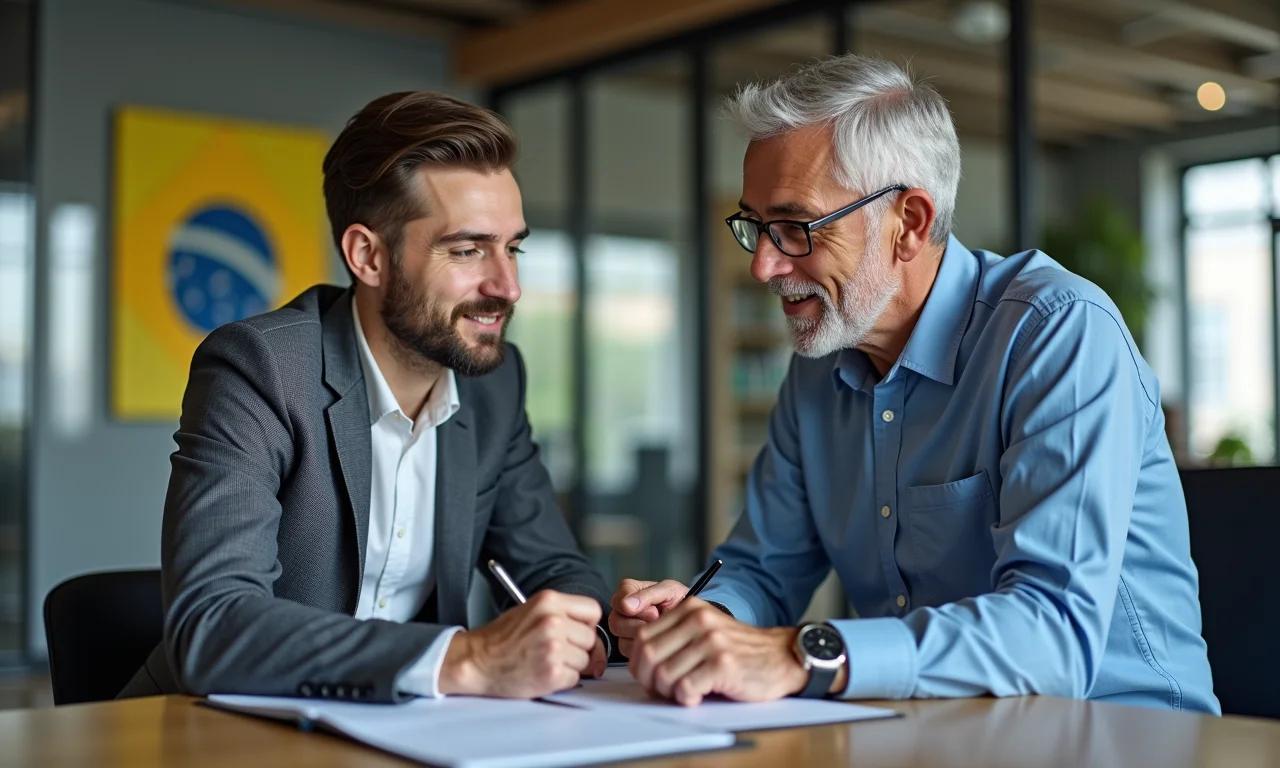 Profissional sênior mentorando colega em SP, transmitindo conhecimento crítico da empresa.