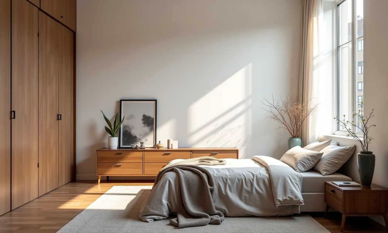 Quarto confortável e funcional em apartamento de SP com cores neutras.