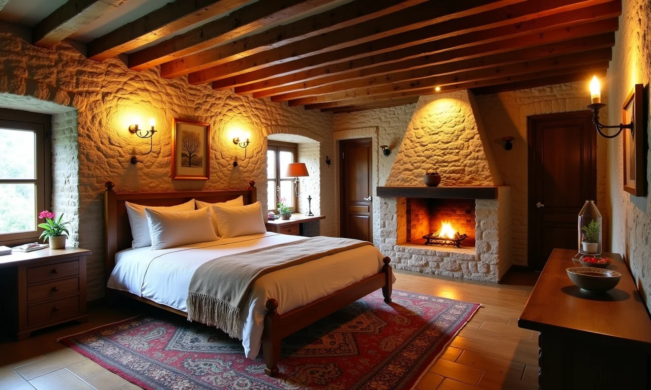 Quarto rústico de pousada com lareira e decoração artesanal