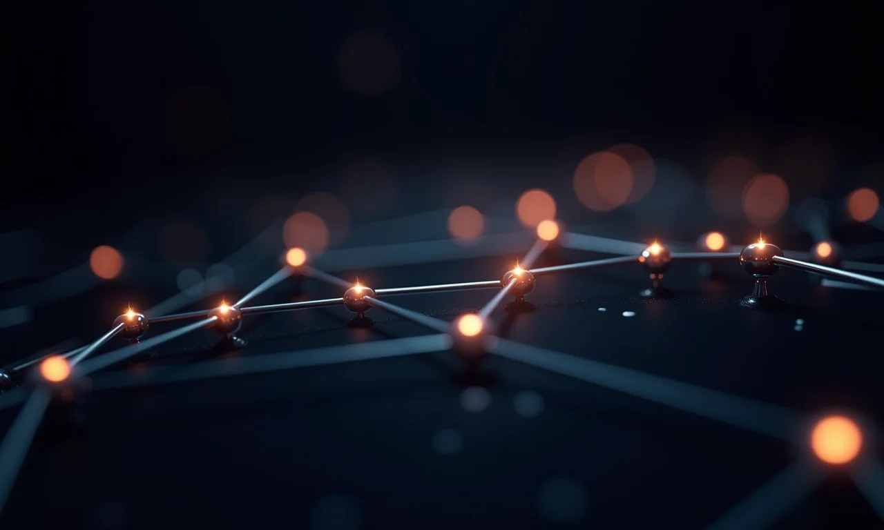 Rede blockchain abstrata com nós interconectados, representando descentralização.