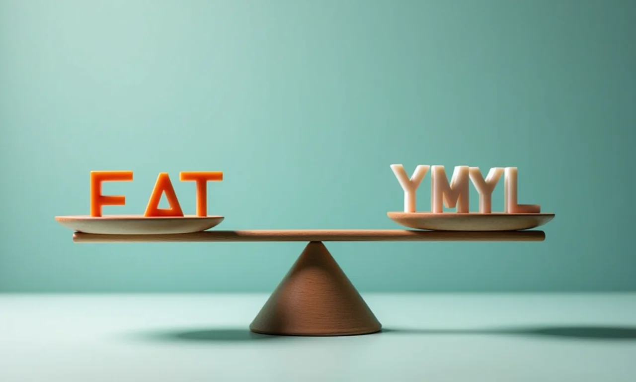 Relação entre EAT e YMYL: Balança com 'EAT' de um lado e 'YMYL' do outro.