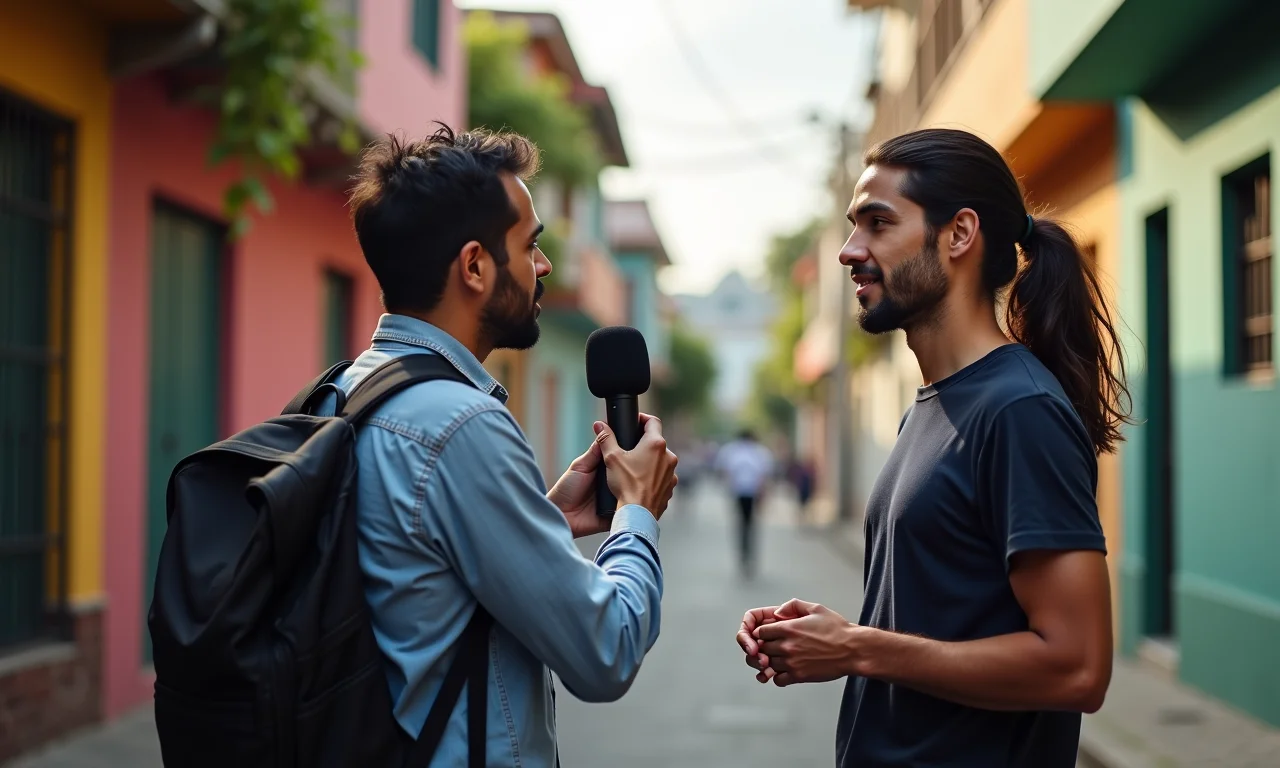 Repórter entrevistando pessoa em bairro vibrante de São Paulo.
