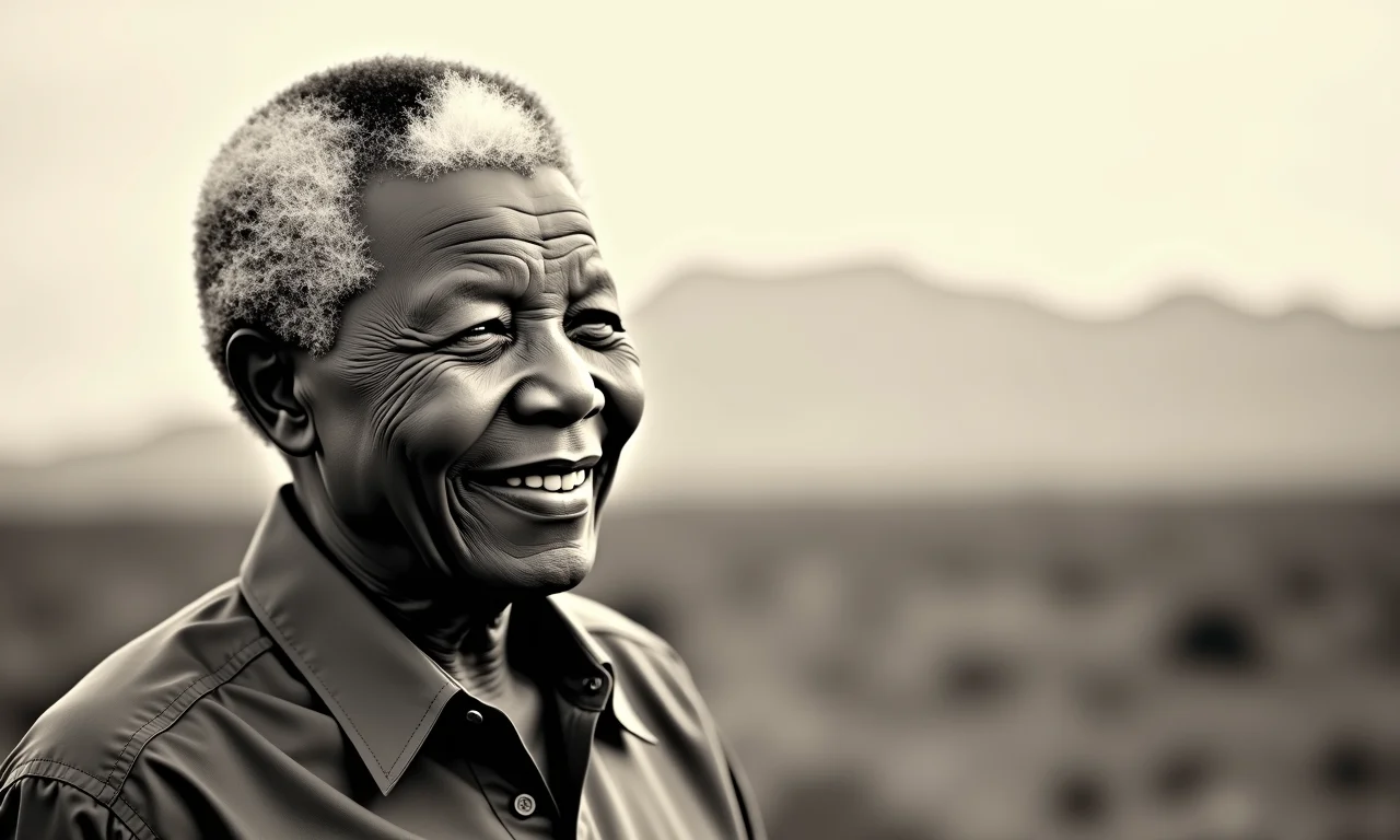 Retrato em preto e branco de Nelson Mandela com tom sépia, transmitindo resiliência e esperança.