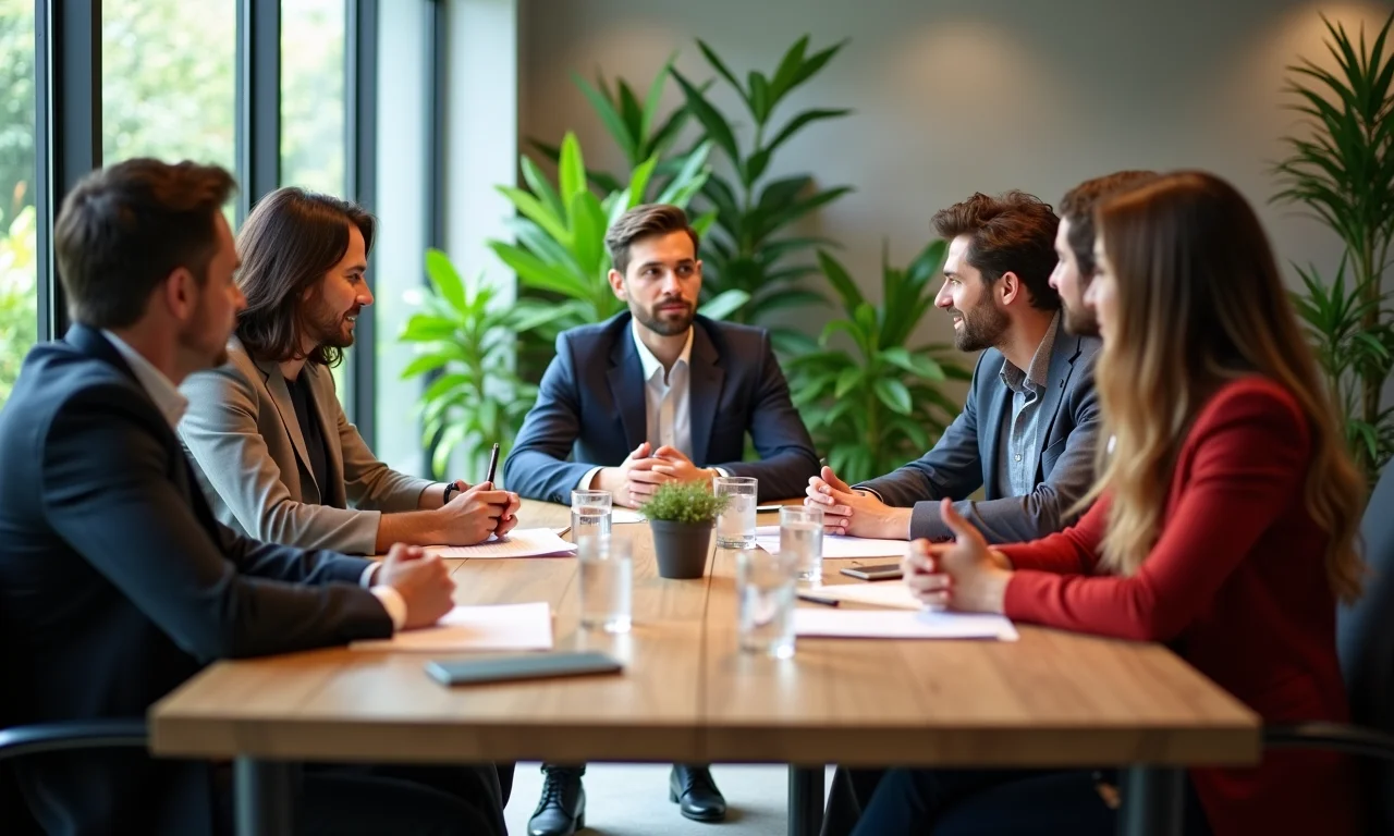 Reunião de conselho administrativo com profissionais diversos em escritório moderno.