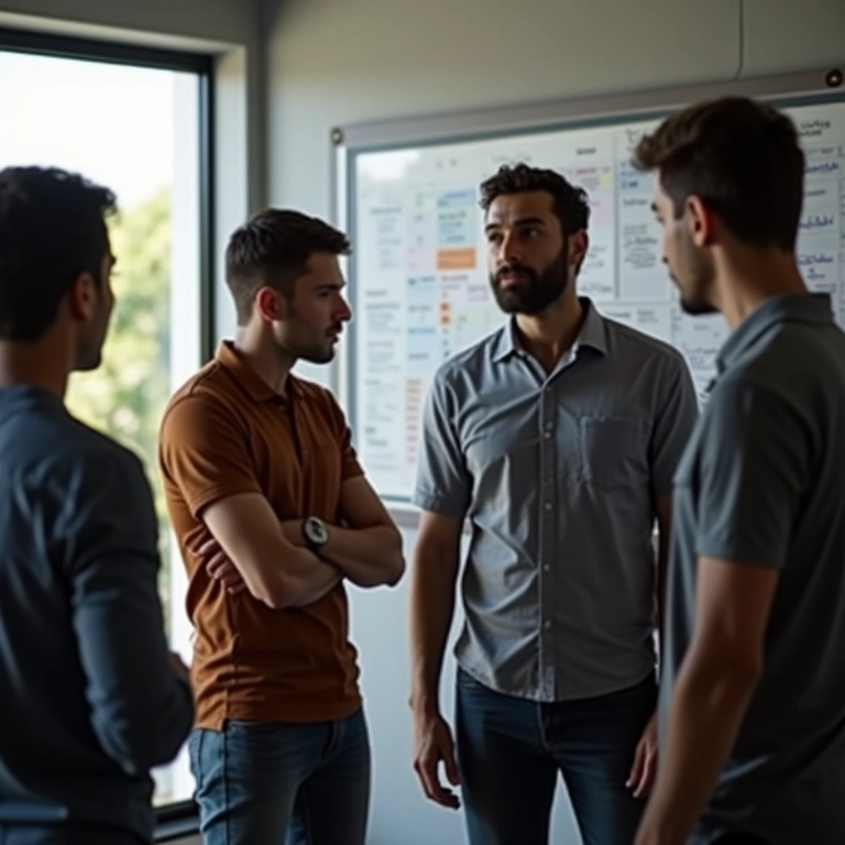 Reunião diária de Scrum com equipe diversa em escritório moderno.