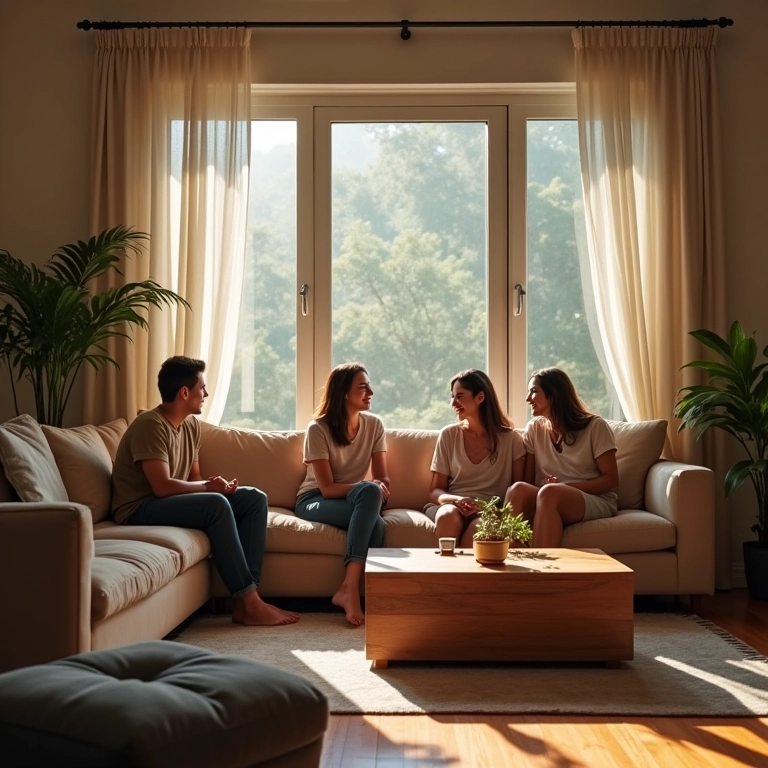 Casas para Alugar em SP Opções para Morar Bem Sala de estar moderna e aconchegante em São Paulo, com amigos reunidos.