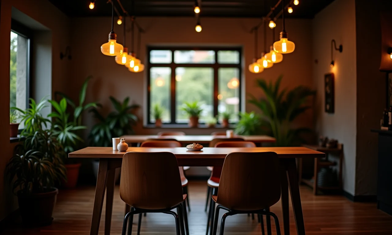 Sala de jantar em SP iluminada com luzes pendentes e luz natural.