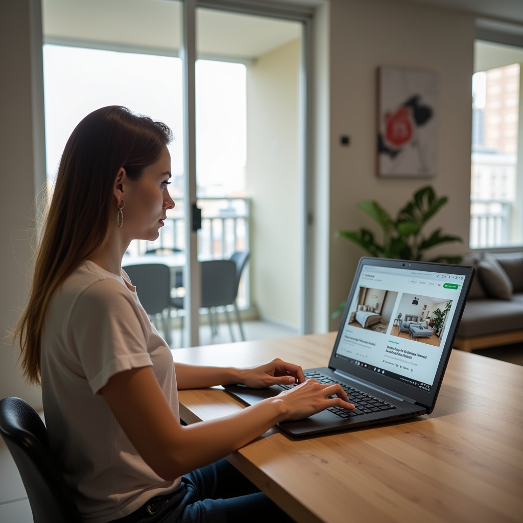 Searching for compact apartments in Balneário Camboriú, woman using laptop, apartment listings on Mulher pesquisando apartamentos compactos em Balneário Camboriú no laptop.