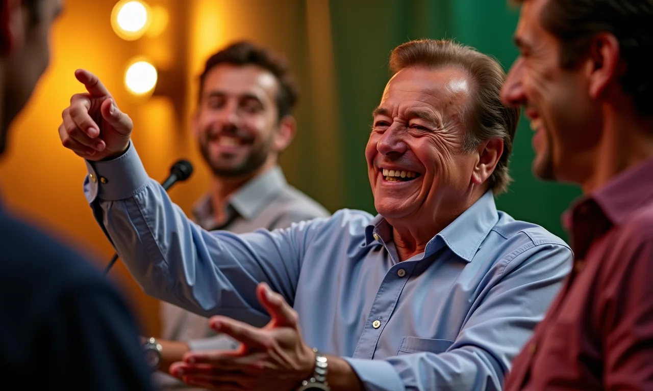 Silvio Santos sorrindo e interagindo com a plateia em um estúdio de TV vibrante.