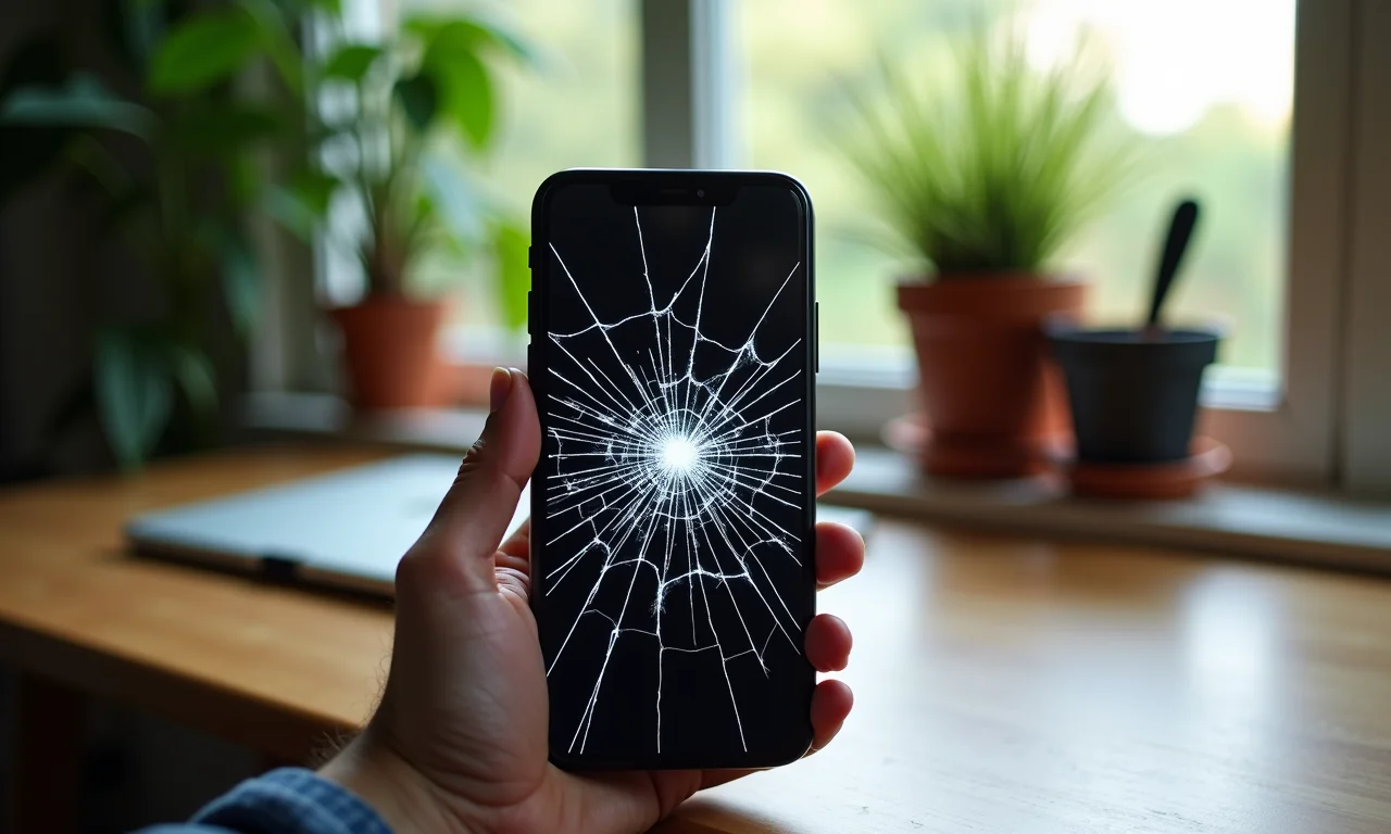 Smartphone com tela rachada mostrando mensagens sem fim, representando pressão excessiva.