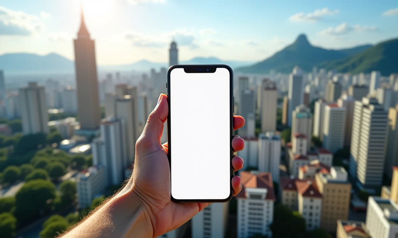 Smartphone mostrando artigo de notícia com URL amigável e paisagem de São Paulo ao fundo.